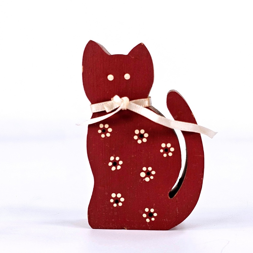 Vintage Primitive Wooden Cat Figurine Hand Painted Floral Rustic Folk Art Brown
